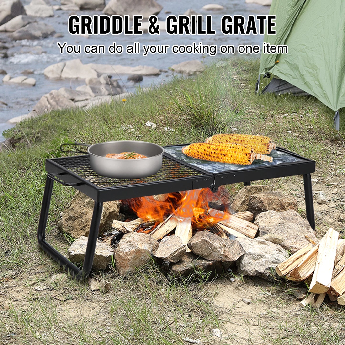 Folding Campfire Grill, Grates Camp Fire Cooking Equipment with Legs, Bag