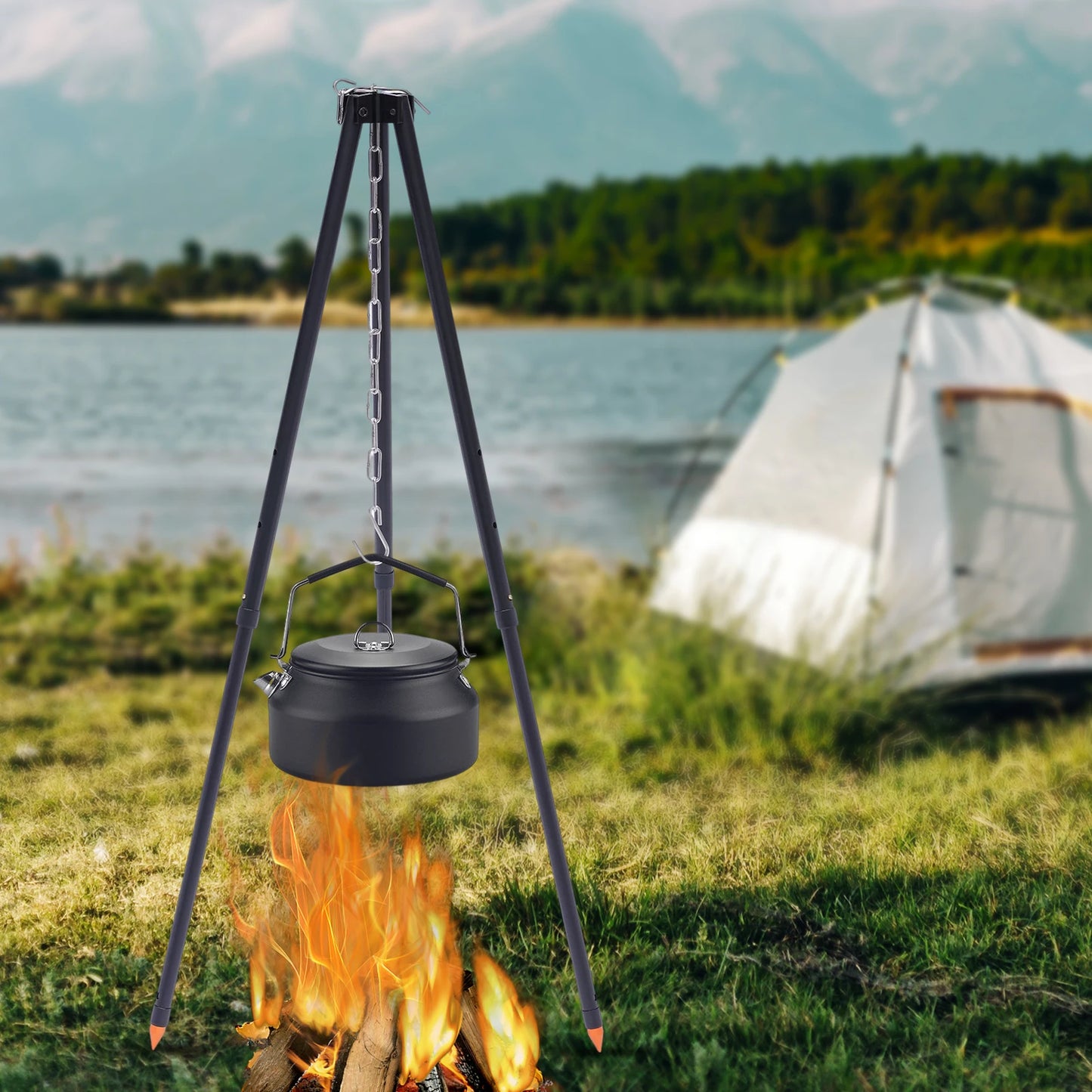 Outdoor Activities Stainless Steel Triangle Hanging Pot, Lantern Rack with Storage Bag