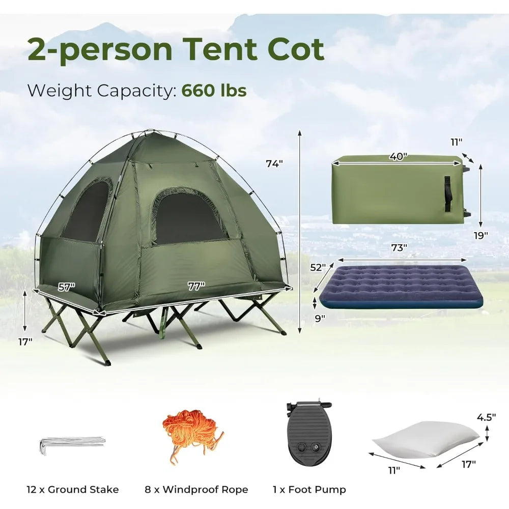 5-in-1 Folding Camping Cot with Mattress & Pillows,  Elevated with Carrying Bag