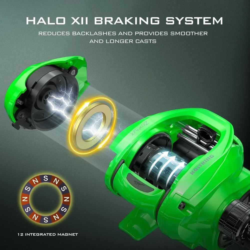 Halo XII Magnetic Braking System Baitcaster Reel,7+1 Double Shielded Stainless Steel BB,7.2:1 High-Speed Gear Ratio