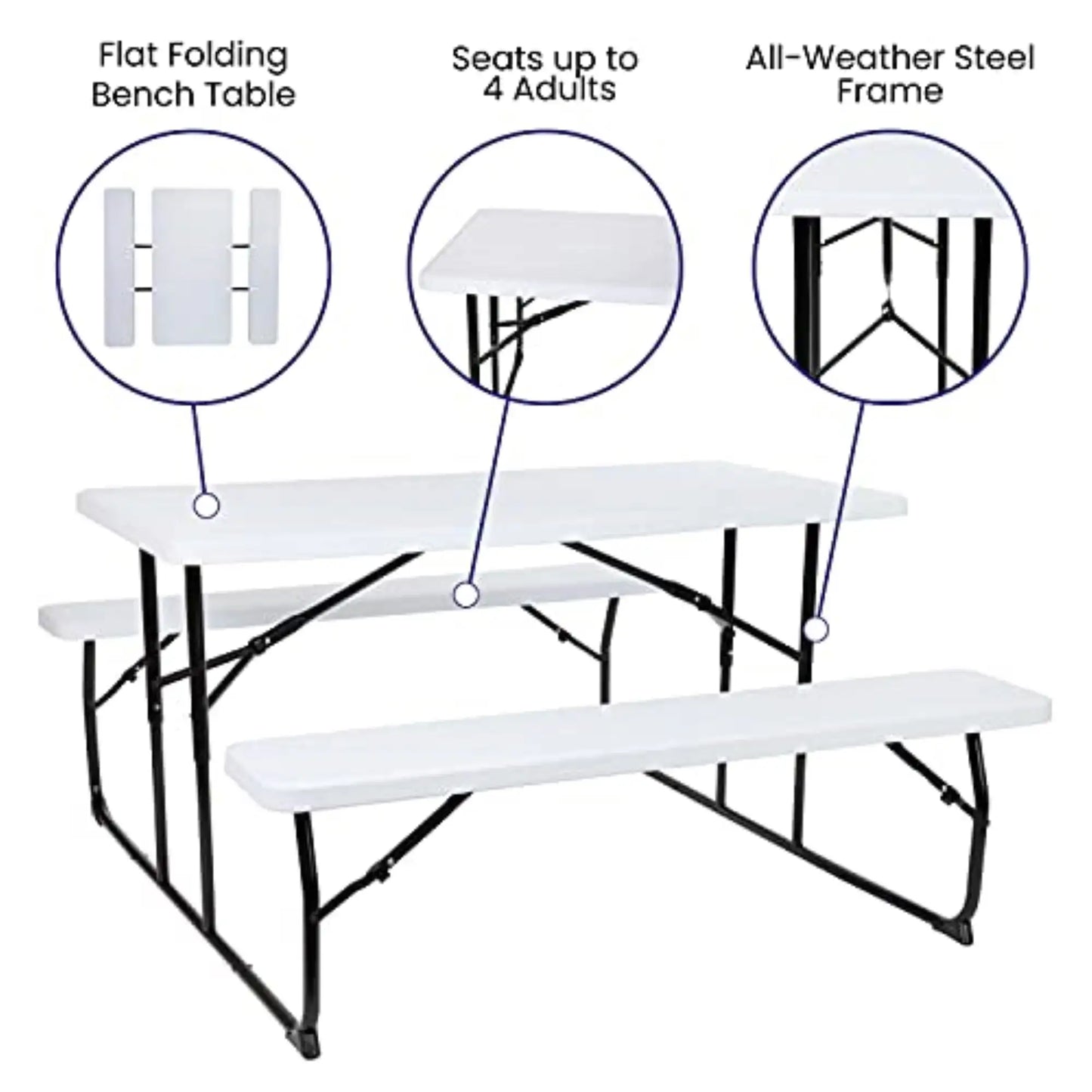 Outdoor Folding Picnic Table, White, for Camping, Patio, Garden, Backyard