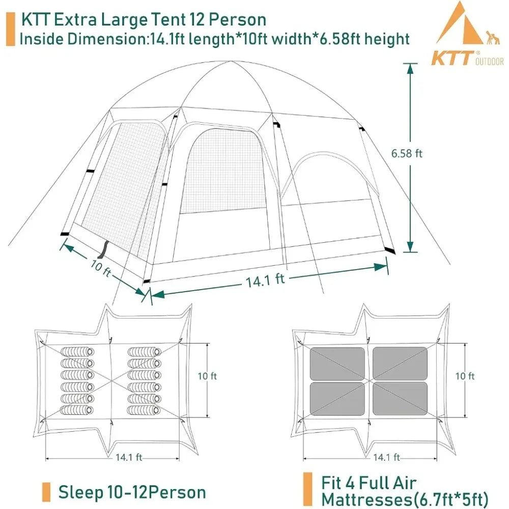 Extra Large Tent 10-12 Person(B),Family Cabin Tents,2 Rooms,,3 Doors and 3 Windows with Mesh