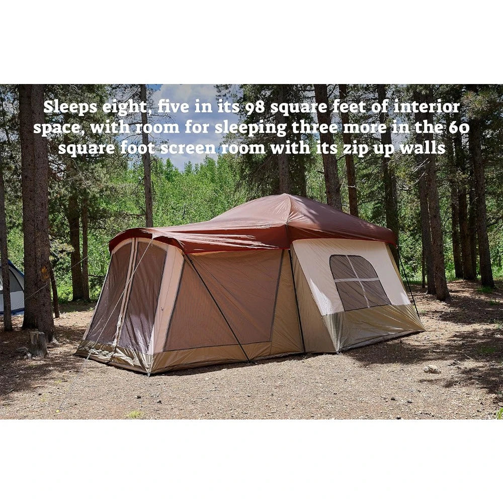 8 Person Water Resistant Tent with Convertible Screen Room,Mesh roof vents, 2 zippered side windows with inside flaps