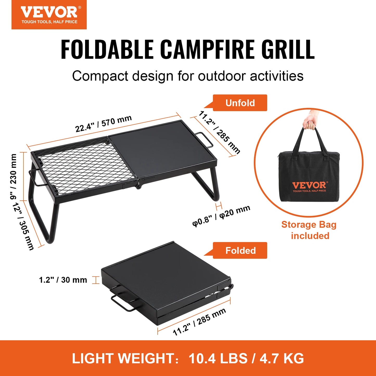 Folding Campfire Grill, Grates Camp Fire Cooking Equipment with Legs, Bag