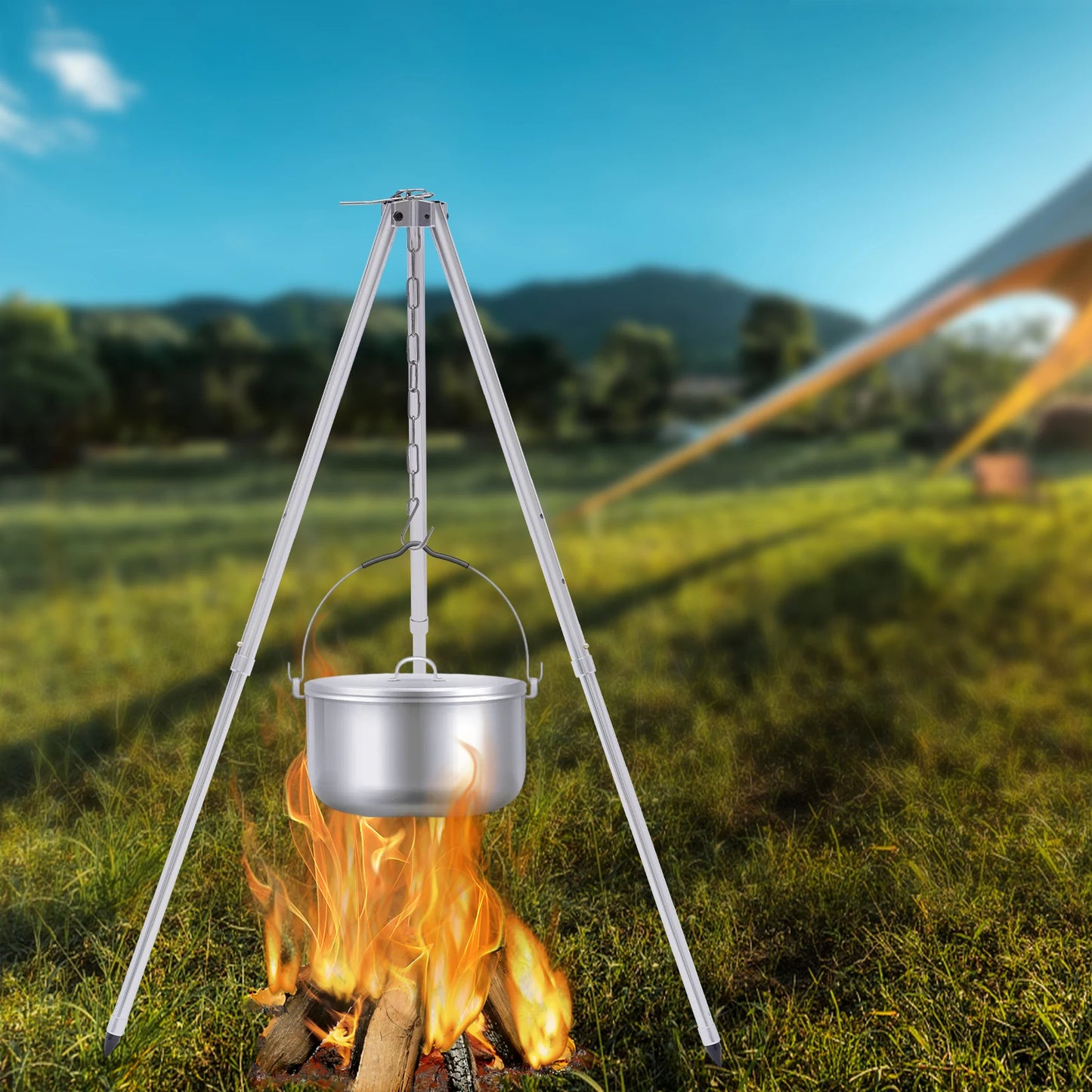 Outdoor Activities Stainless Steel Triangle Hanging Pot, Lantern Rack with Storage Bag