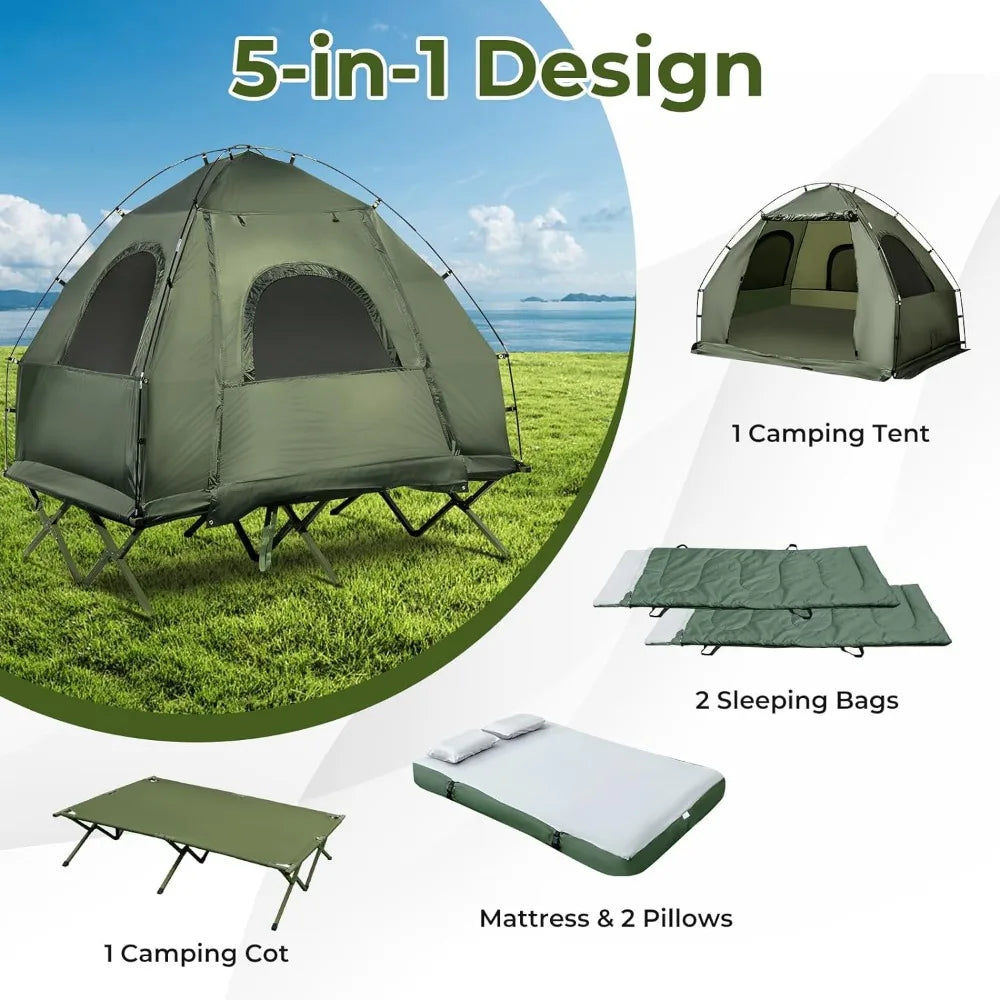 5-in-1 Folding Camping Cot with Mattress & Pillows,  Elevated with Carrying Bag